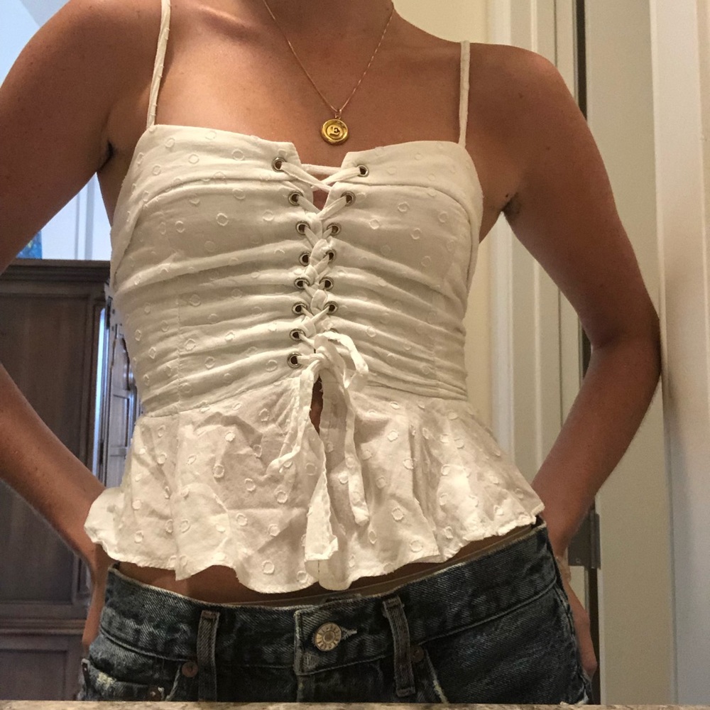 COPY - Planet blue white lace up top